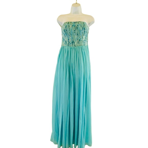 Aidan Mattox embellished aqua strapless poly maxi dress 4 - Picture 3 of 7